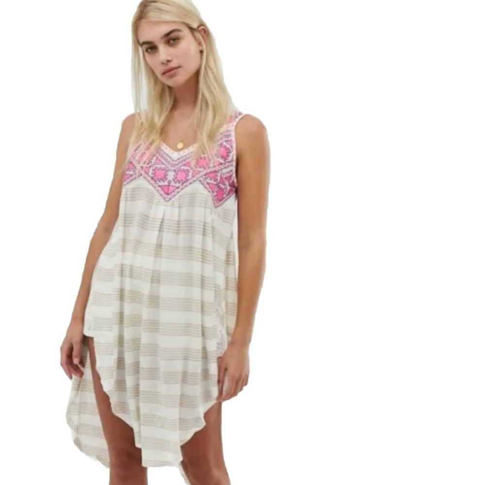 Free People Embroidered Native Sun Long Tunic Dress Slit Pink Striped Size Large